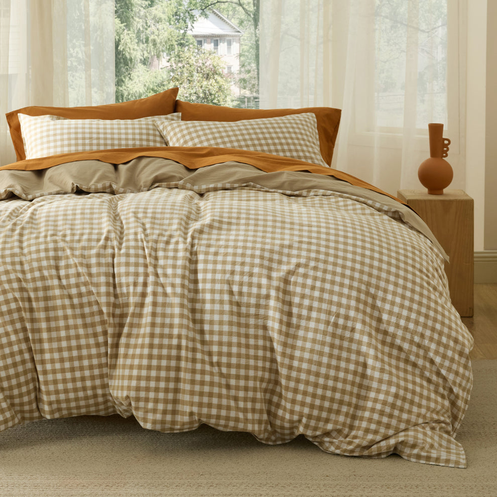 Gingham Washed Cotton Duvet Cover Set(4PCS)