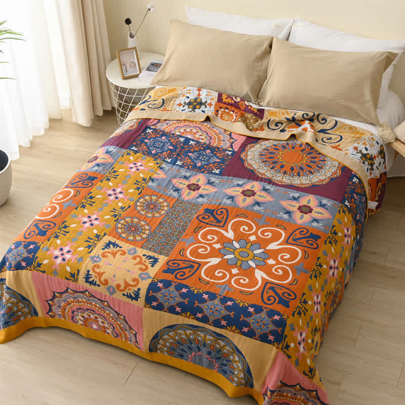 Plaid Colorful Flower Cotton Reversible Quilt