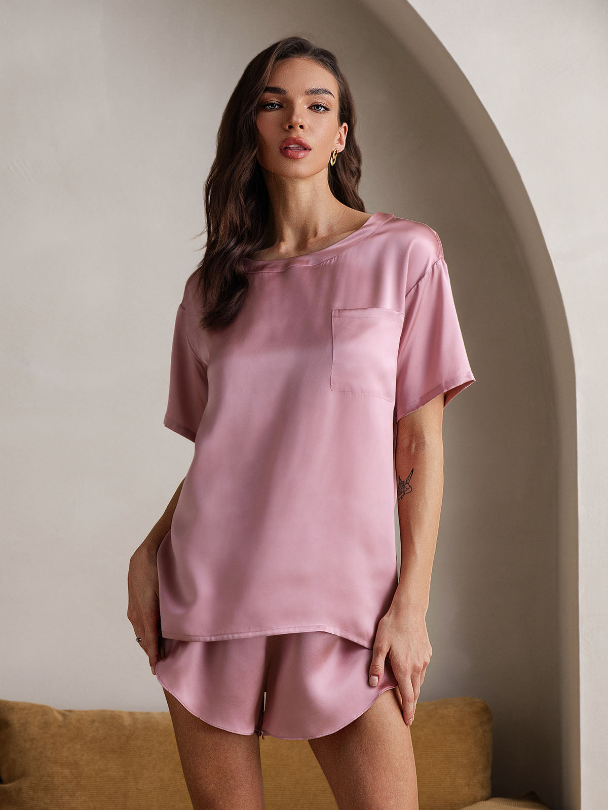 Pure Silk Short Sleeve Round Neck Women's Pajamas Set(Buy 2 Free Shipping)