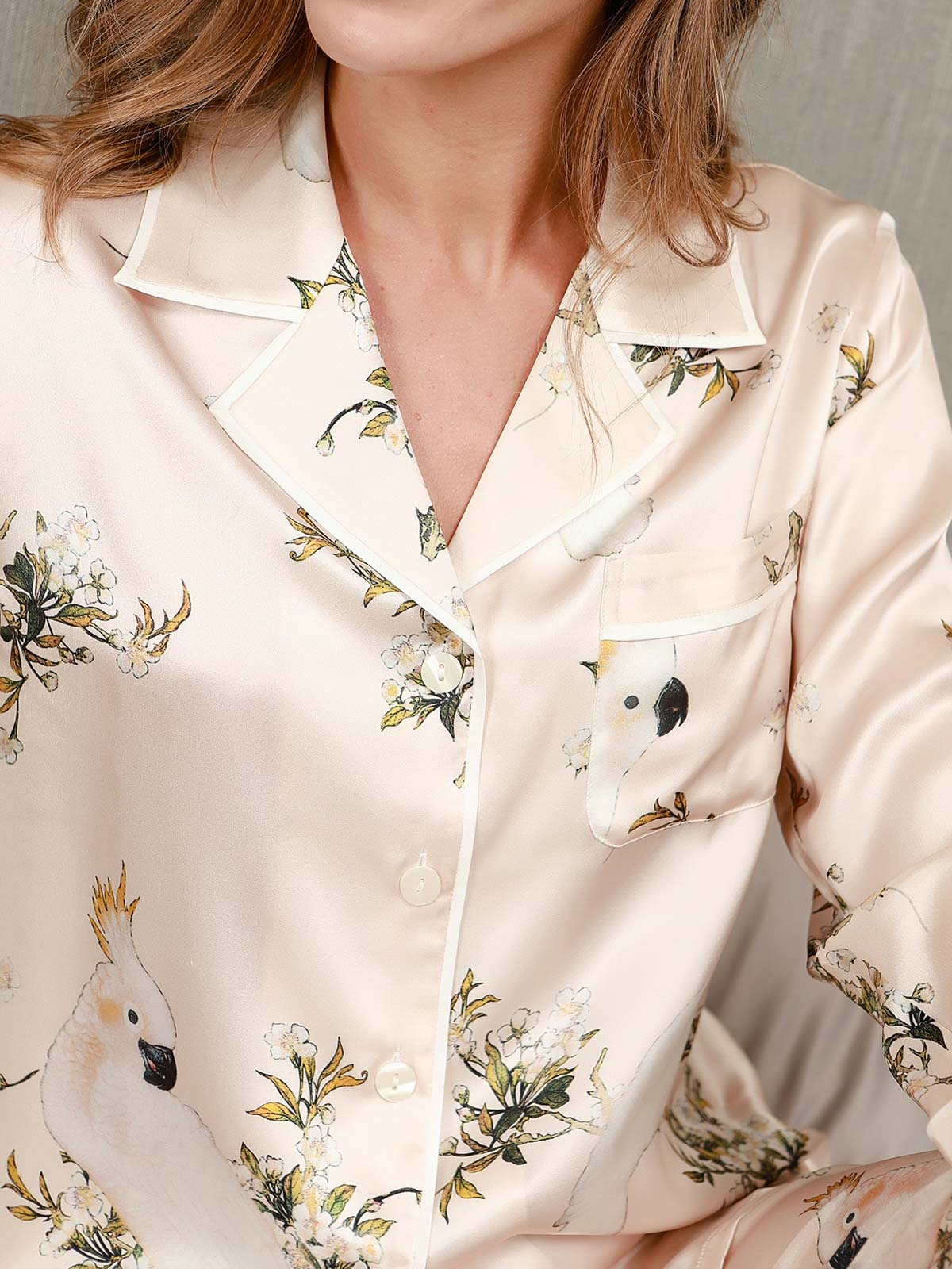 Women's Pure Silk Floral Print Long Sleeve Pajamas Set With Pants