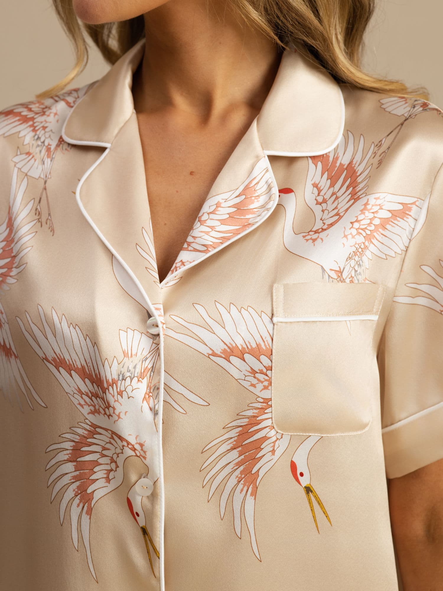 19Momme Women's Pure Silk Crane Print Short Sleeve Pajamas Set