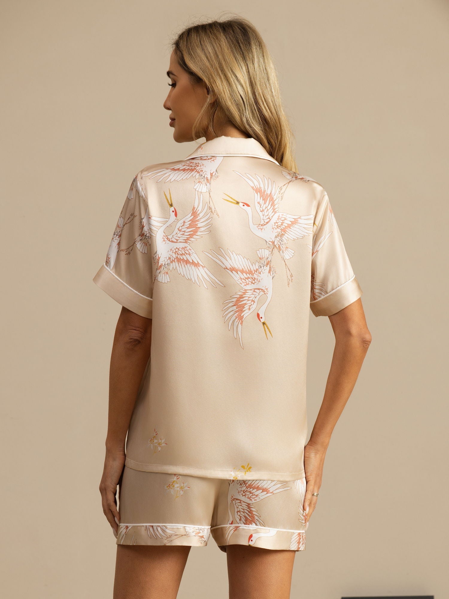 19Momme Women's Pure Silk Crane Print Short Sleeve Pajamas Set