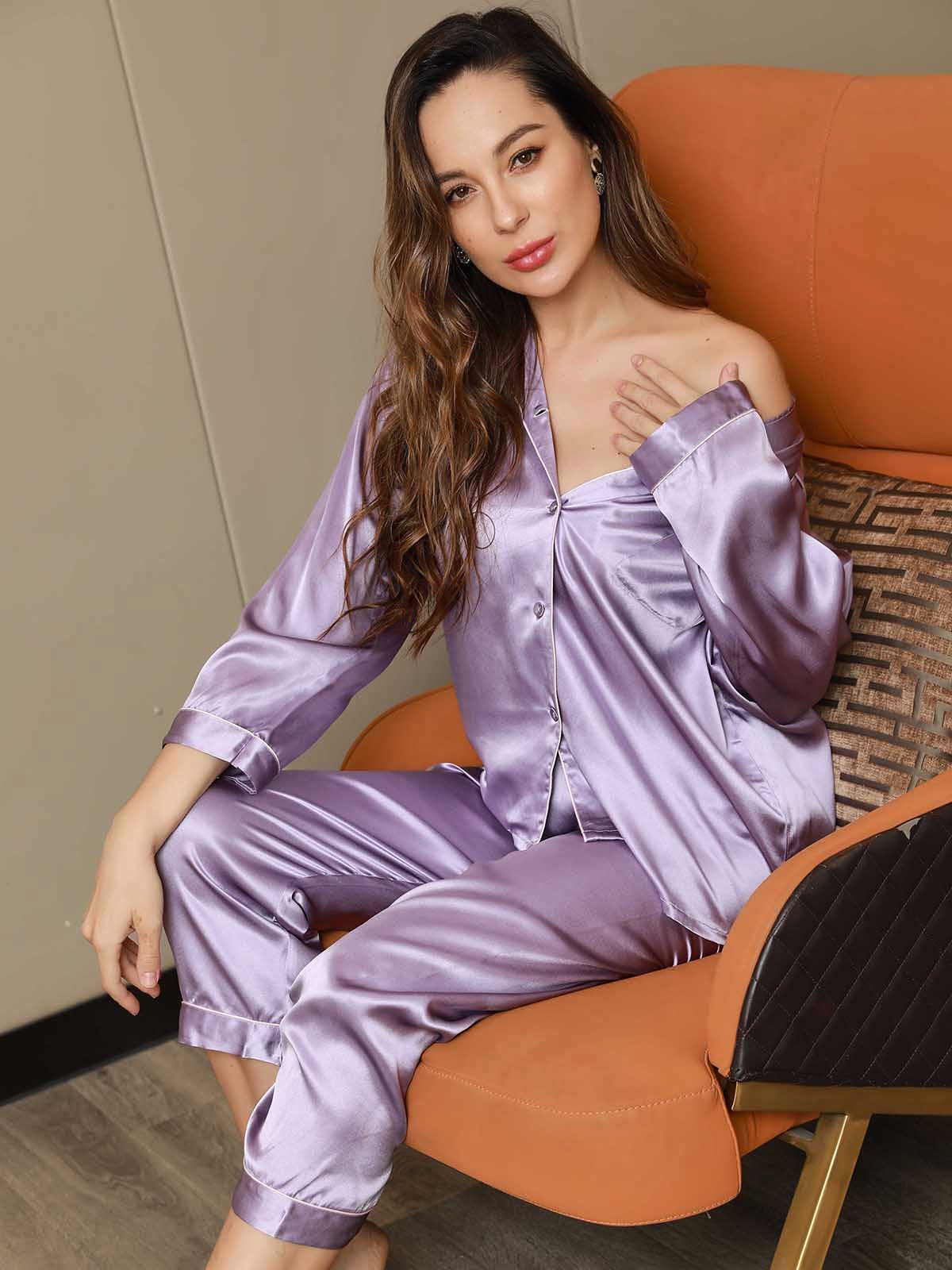 Women's Pure Silk Long Sleeve Notch Collar Pajamas Set