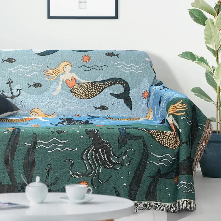 Mermaid Sofa Cover Palm Tassel Blanket