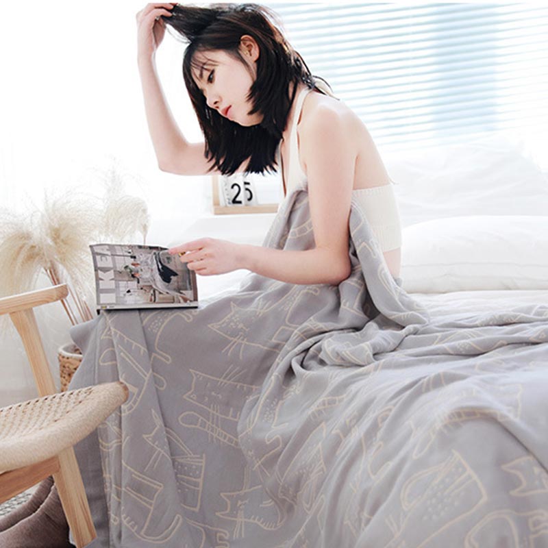 Cat Print Cotton Quilt Reversible Blanket