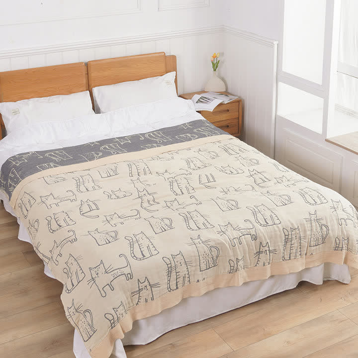 Cat Print Cotton Quilt Reversible Blanket