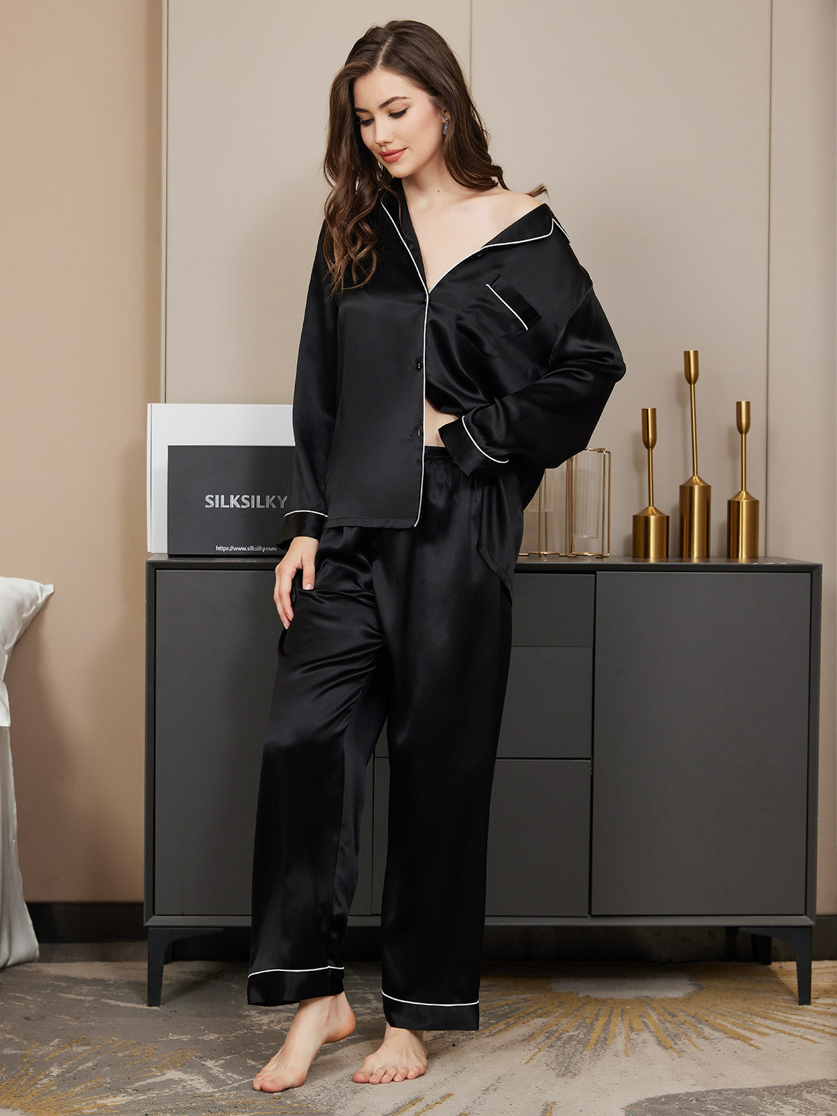 Women's Pure Silk Long Sleeve Button Up Pajamas Set