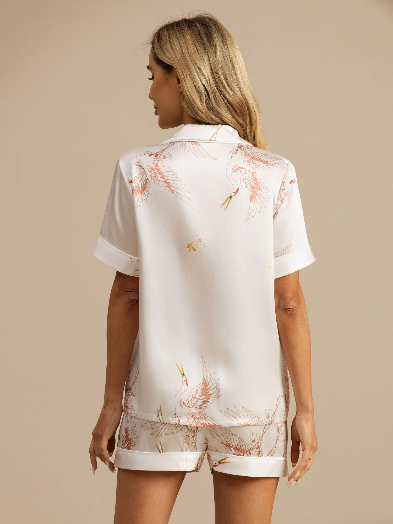19Momme Women's Pure Silk Crane Print Short Sleeve Pajamas Set