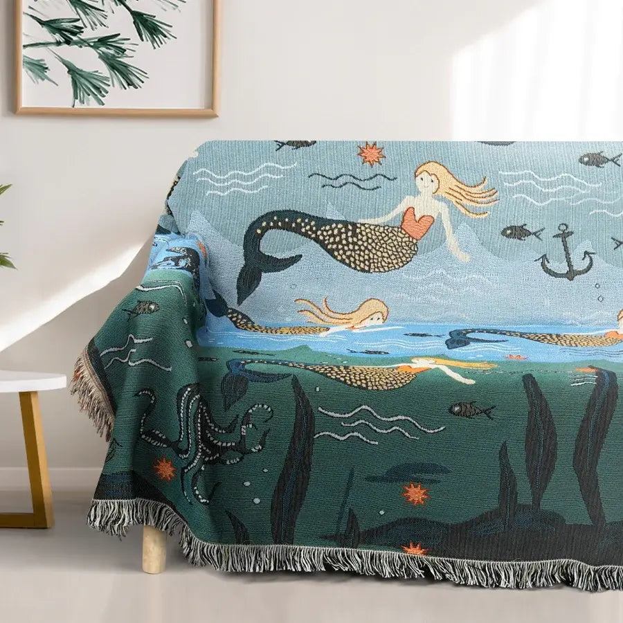 Mermaid Sofa Cover Palm Tassel Blanket