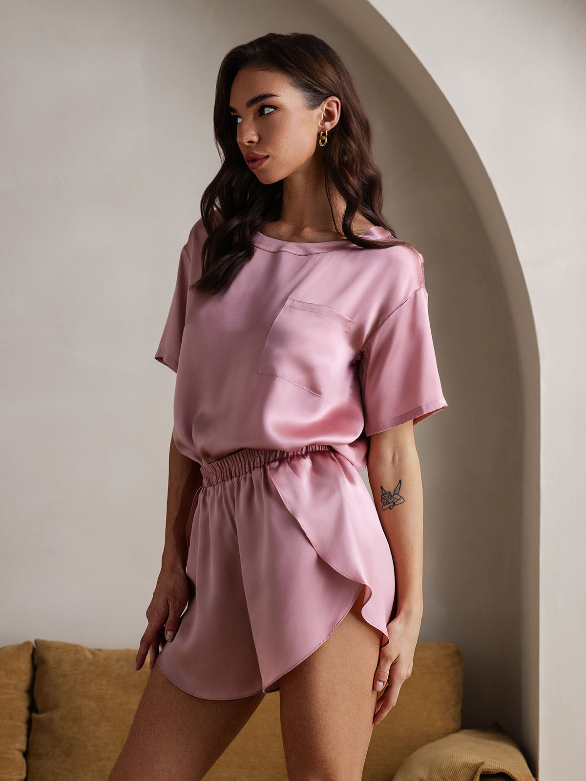 Pure Silk Short Sleeve Round Neck Women's Pajamas Set(Buy 2 Free Shipping)