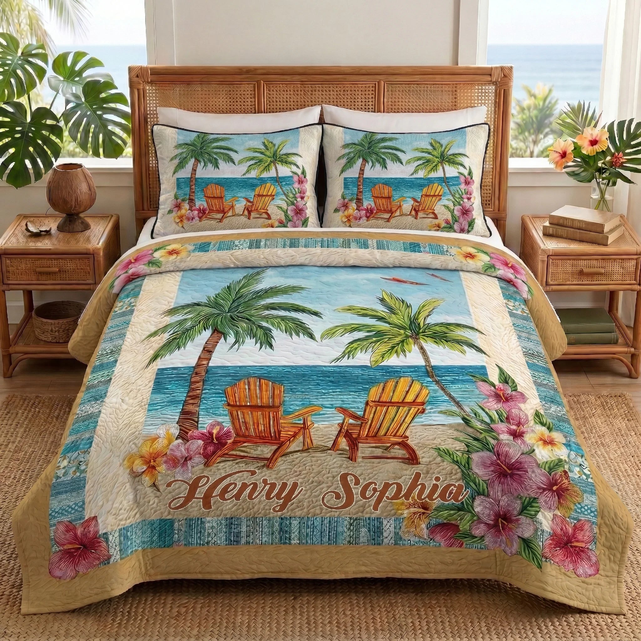 Palm Escape Personalized Custom 3-Piece Quilted Bedding Set