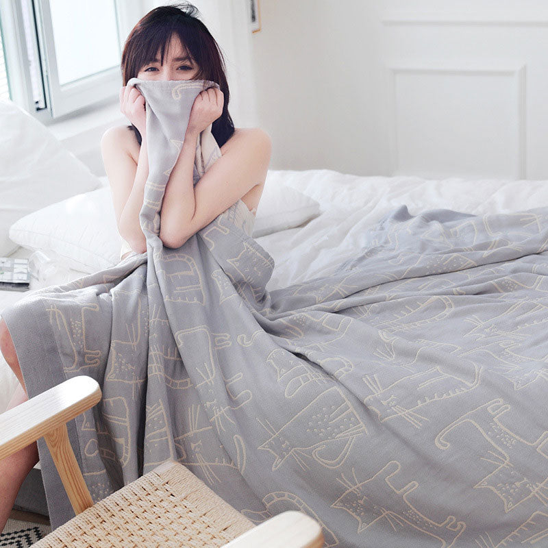 Cat Print Cotton Quilt Reversible Blanket
