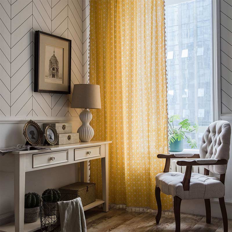 Yellow Plaid Translucent Curtains with Tassels
