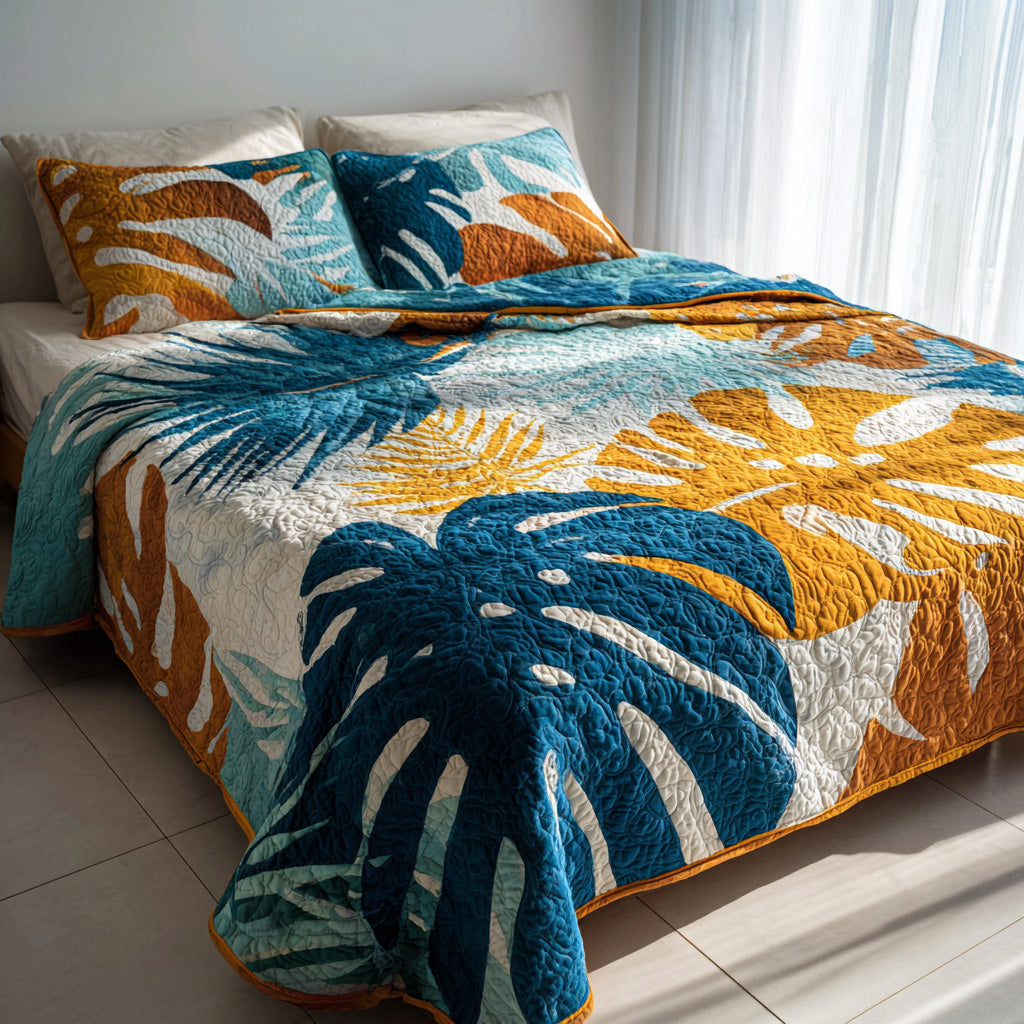 Azure Leaves 3-Piece Quilted Bedding Set