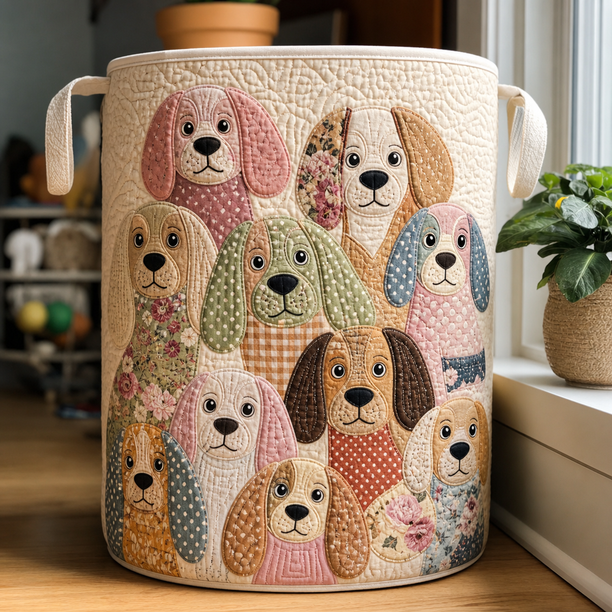 Patchwork Puppy Quilted Laundry Basket