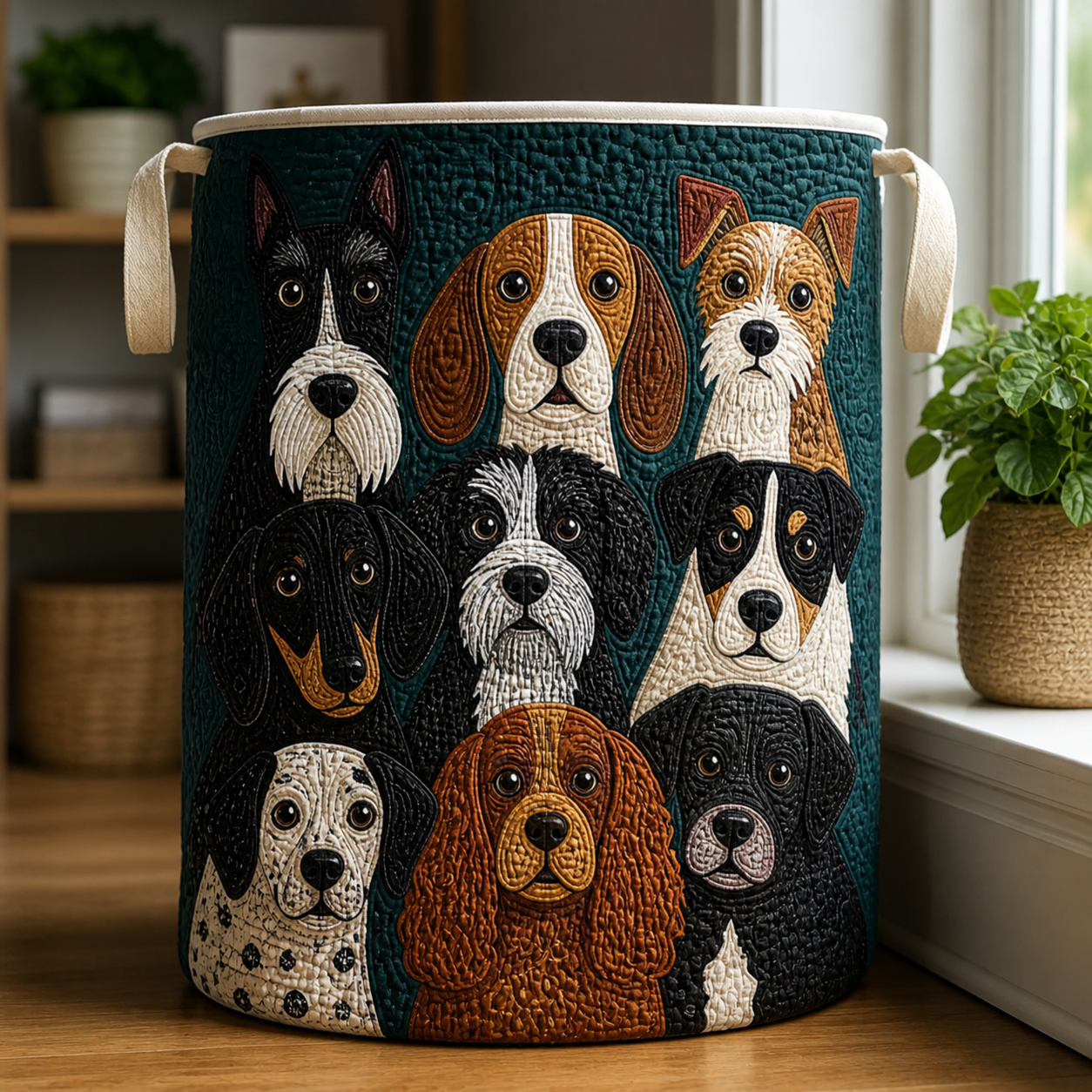 Dark Teal Dog Breeds Quilted Laundry Basket