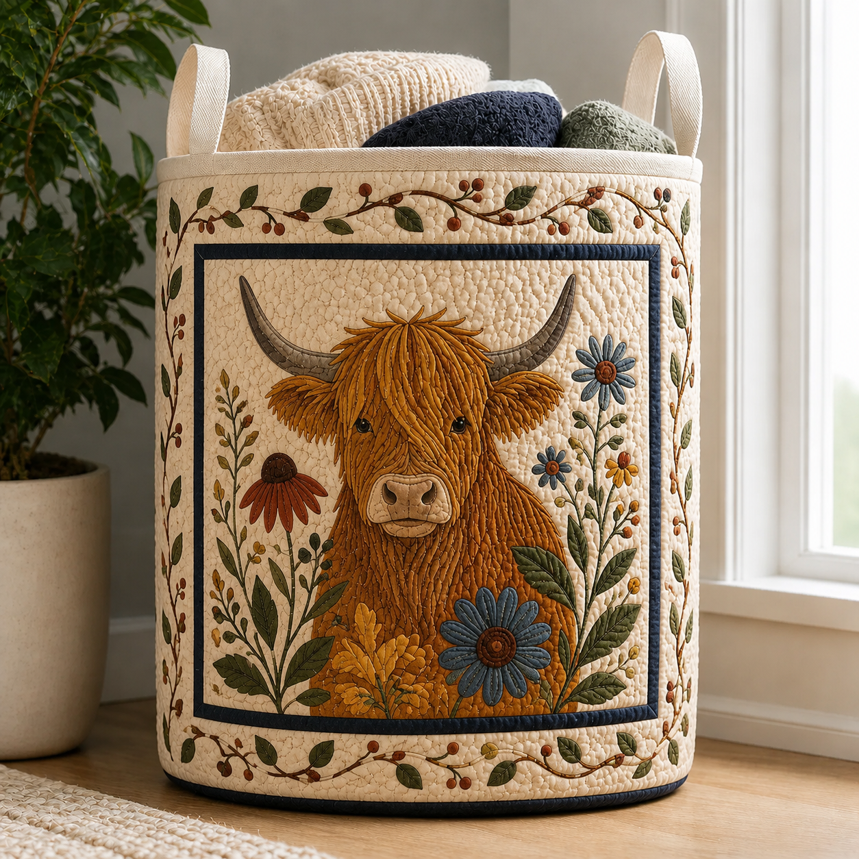 Highland Cow & Wildflower Quilted Laundry Basket