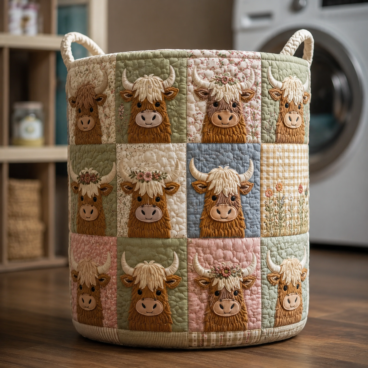 Highland Cow Patchwork Quilted Laundry Basket
