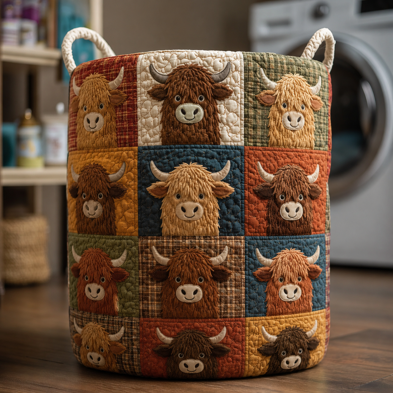 Highland Cow Patchwork Quilted Laundry Basket