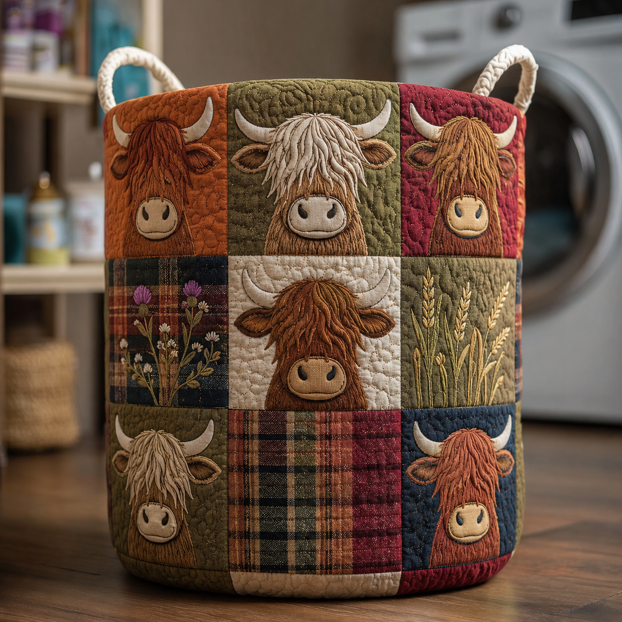 Scottish Highland Cow & Plaid Quilted Laundry Basket