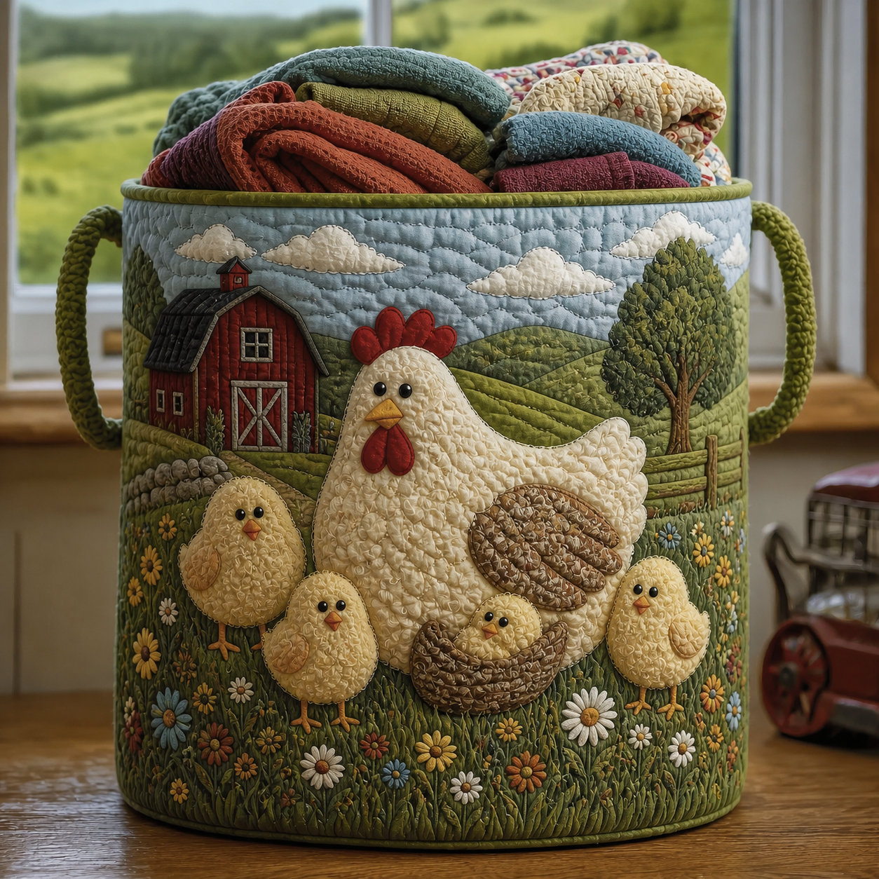 Farm Hen & Chicks Quilted Laundry Basket