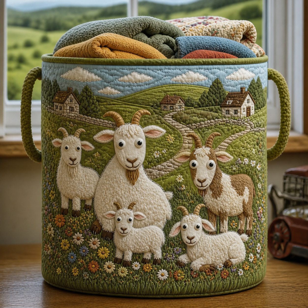 Farm Goat Family Quilted Laundry Basket