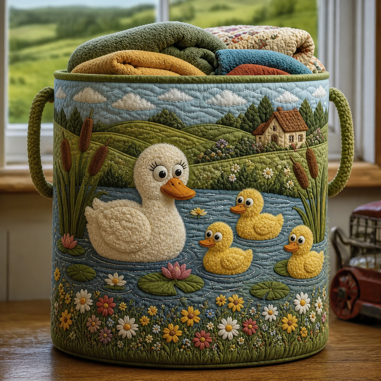 Duck Family Pond Quilted Laundry Basket
