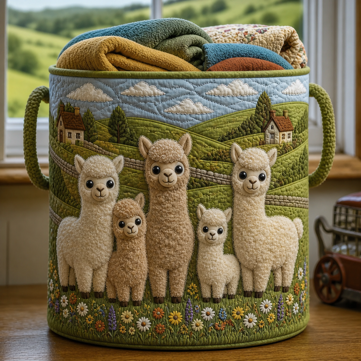 Cute Alpaca Family Quilted Laundry Basket