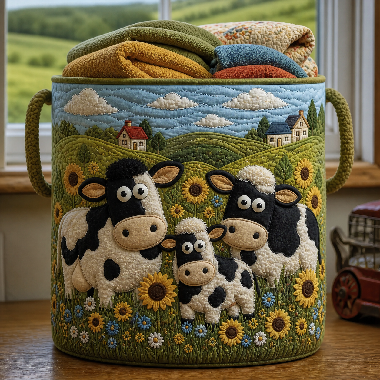 Farm Cow Themed Quilted Laundry Basket