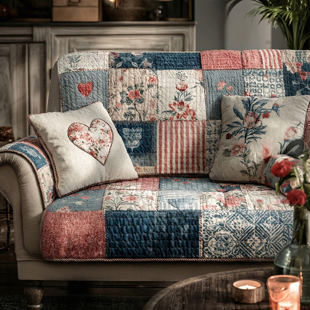 Cottage Charm Heart Quilted Sofa Cover