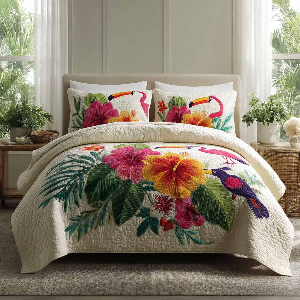 Exotic Birds 3-Piece Quilted Bedding Set