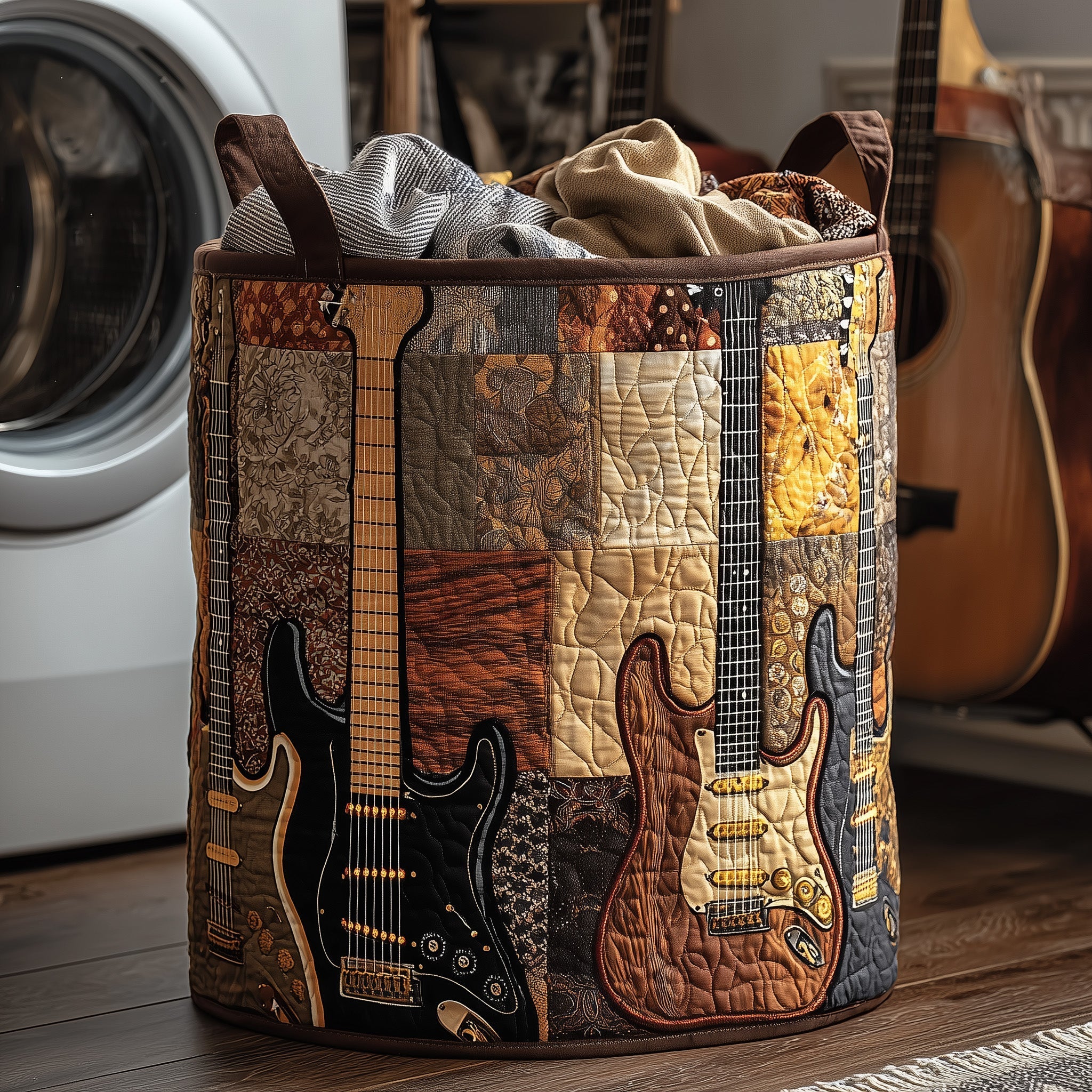 Vintage Guitar Quilted Laundry Basket