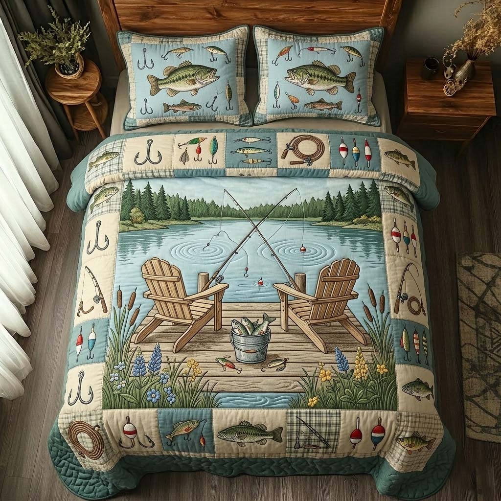 Dockside Fishing Day 3-Piece Quilted Bedding Set