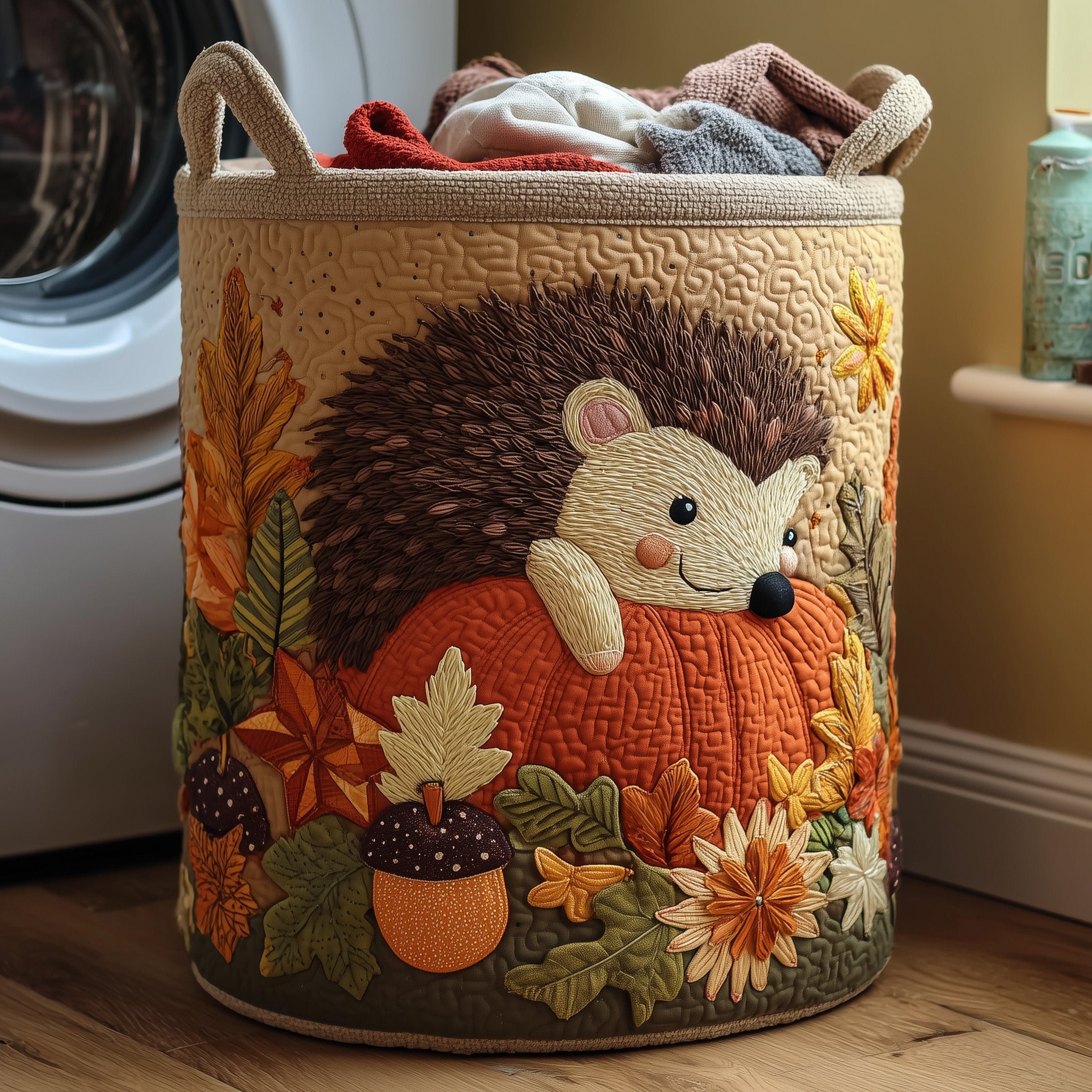 Autumn Hedgehog Quilted Laundry Basket