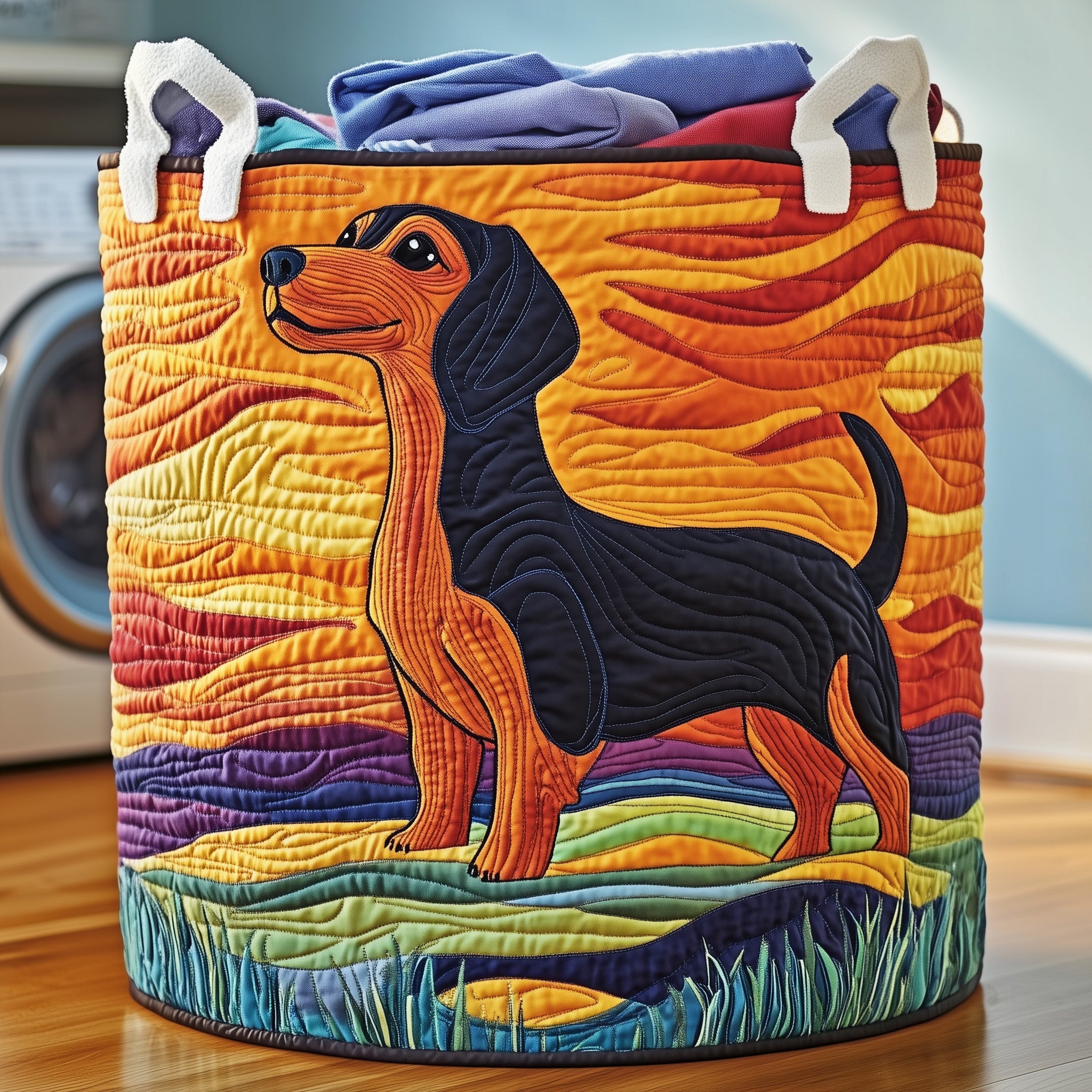 Sunset Dachshund Quilted Laundry Basket
