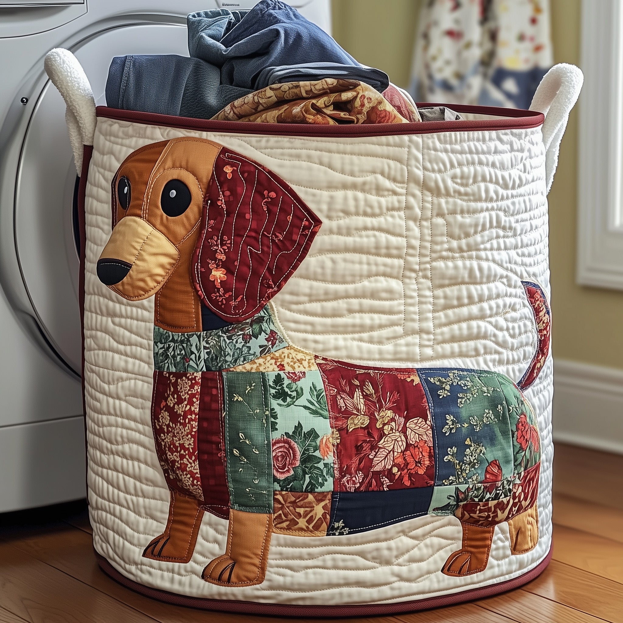 Floral Dachshund Quilted Laundry Basket
