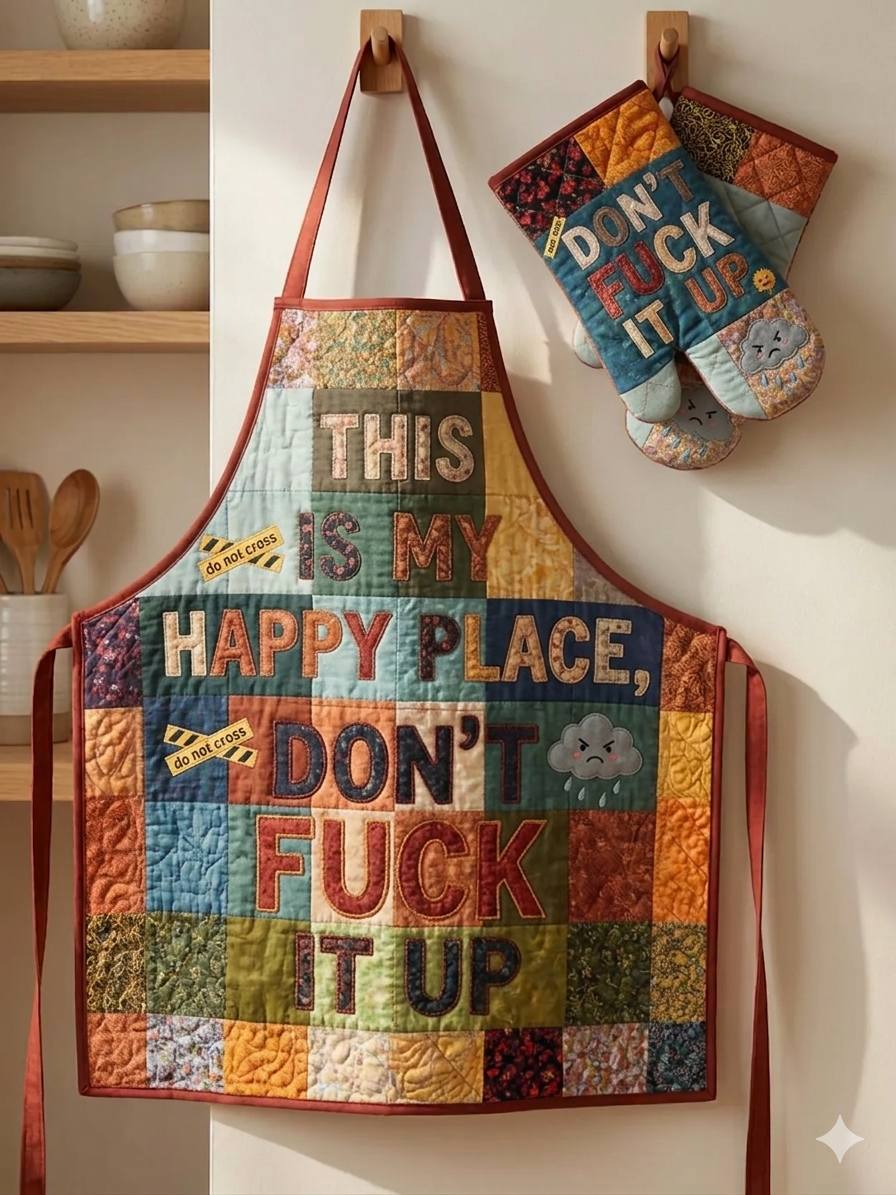 "Happy Place" Quilted Kitchen Set (2-Piece) – Sassy Padded Apron + Heat-Resistant Oven Mitts