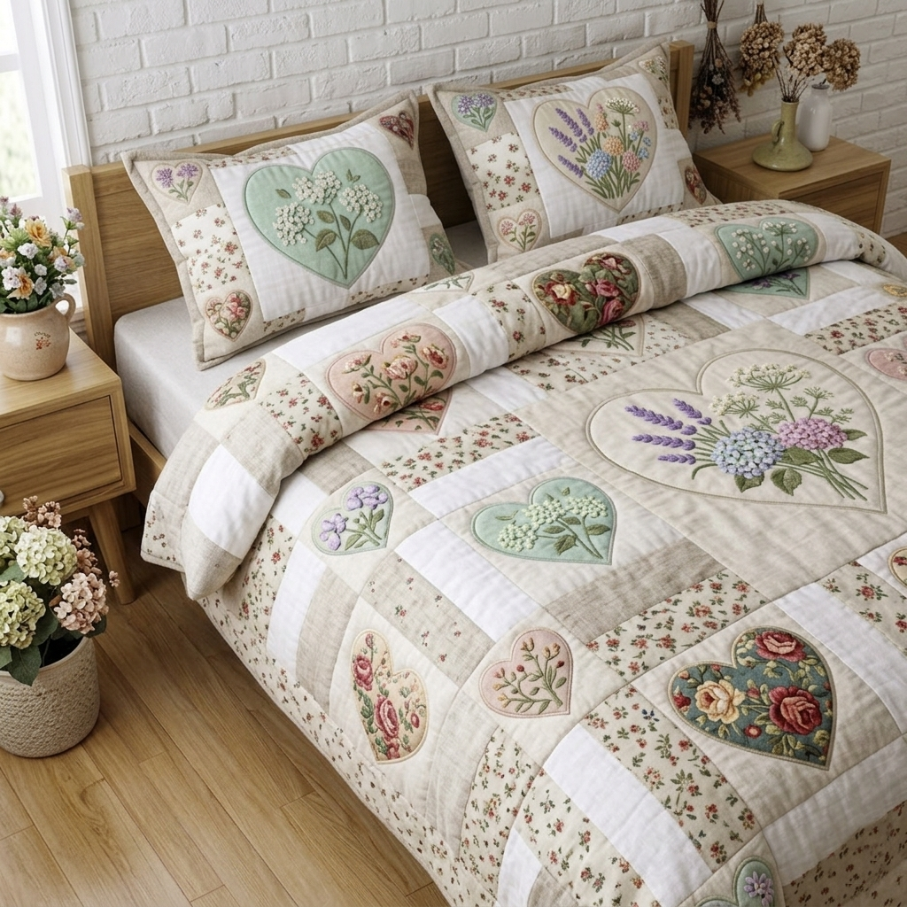 Flower Patchwork 3-Piece Quilted Bedding Set