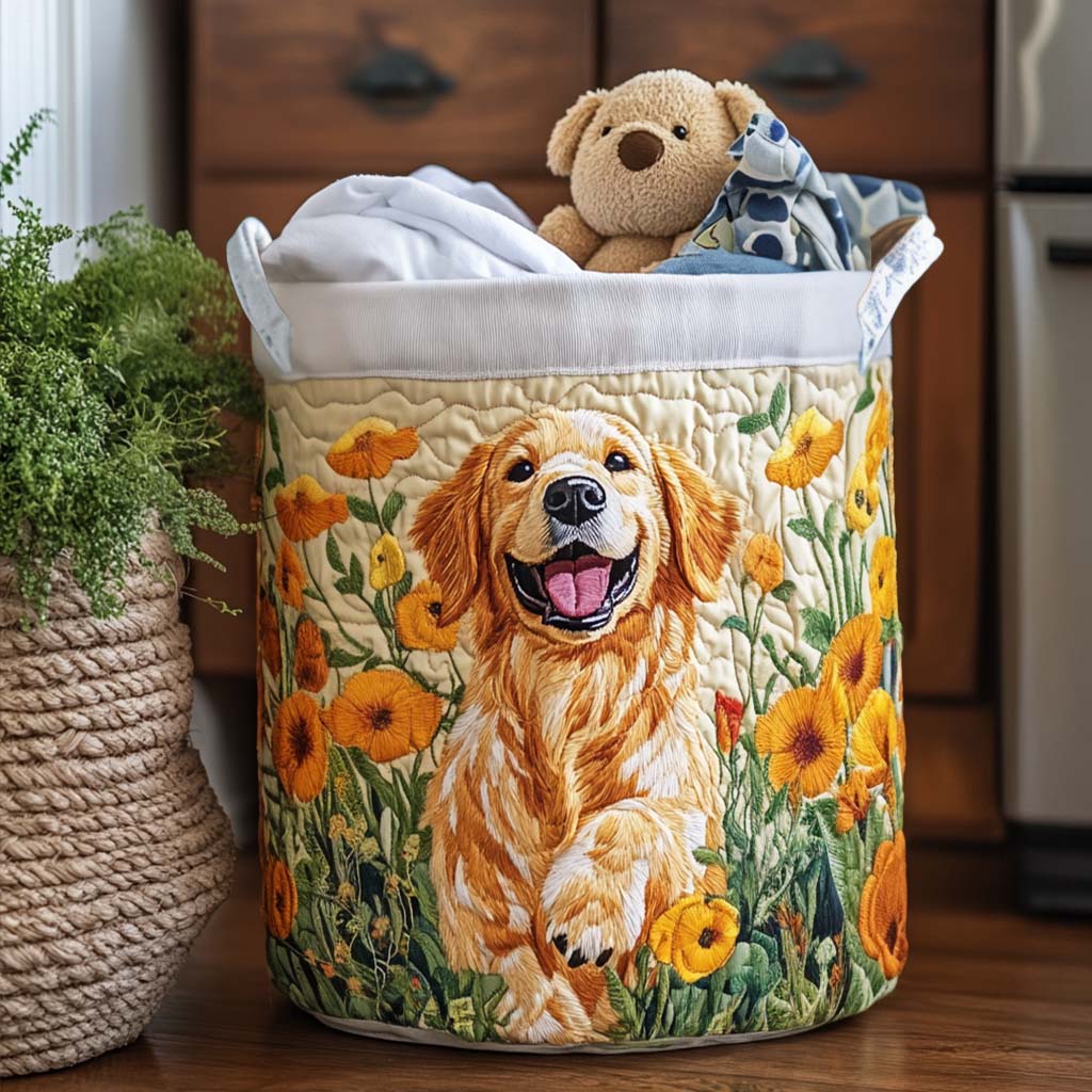 Happy Golden Pup Quilted Laundry Basket