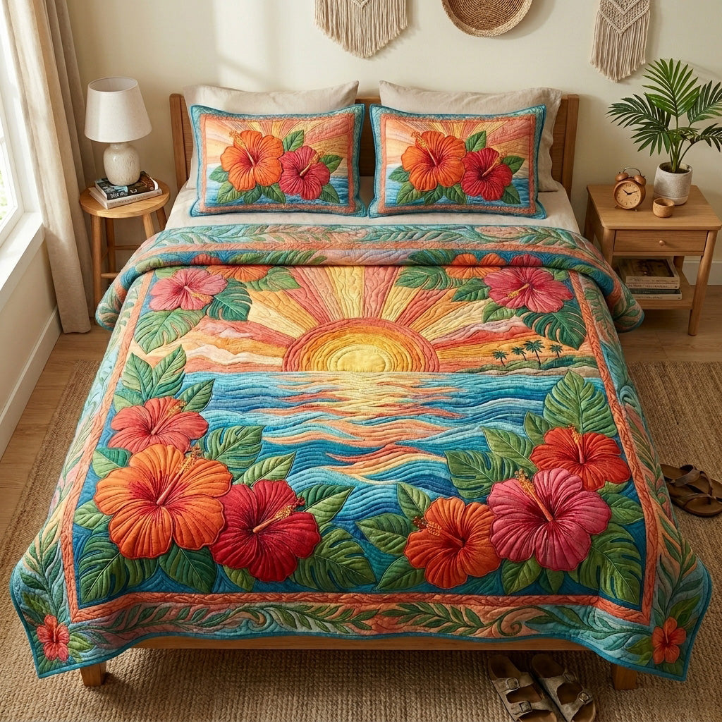 Hibiscus Dawn 3-Piece Quilted Bedding Set