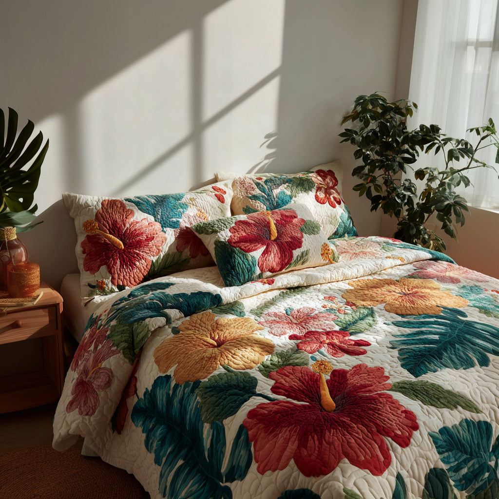 Lush Hibiscus 3-Piece Quilted Bedding Set