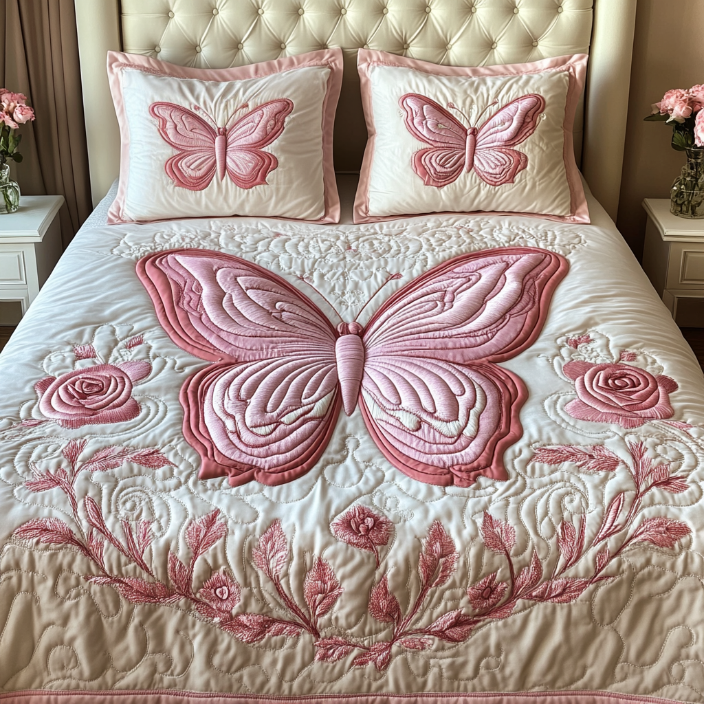 Pink Flutter 3-Piece Quilted Bedding Set
