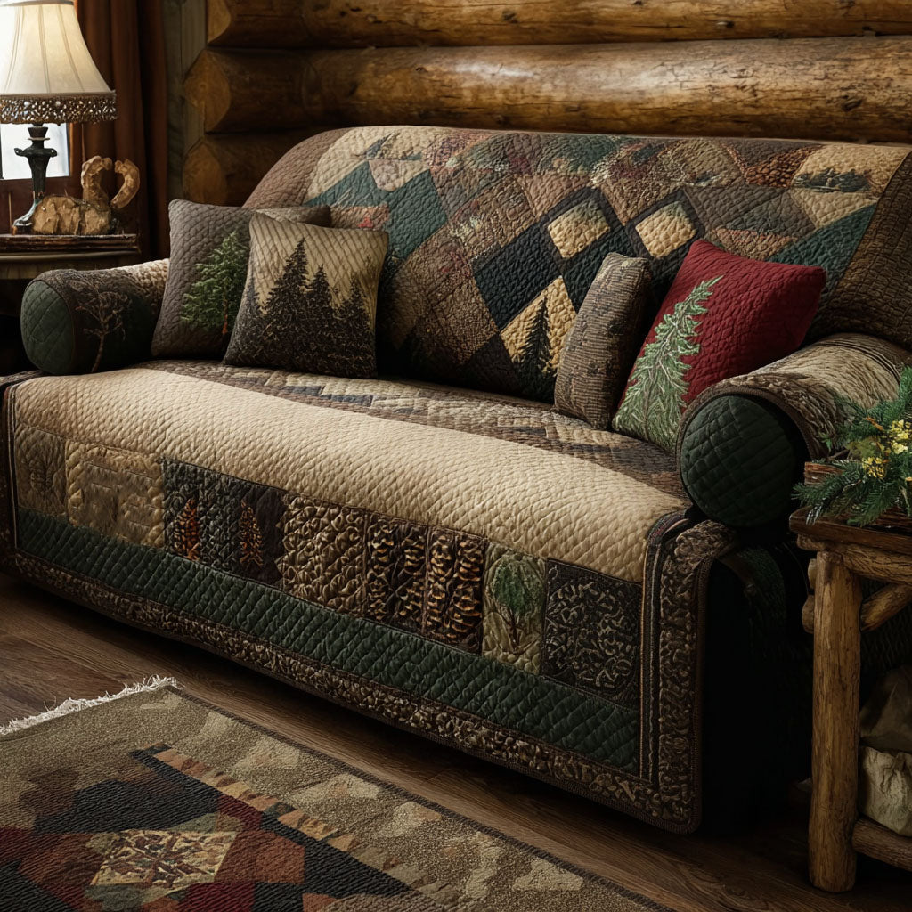 Rustic Evergreen Haven Quilted Sofa Cover