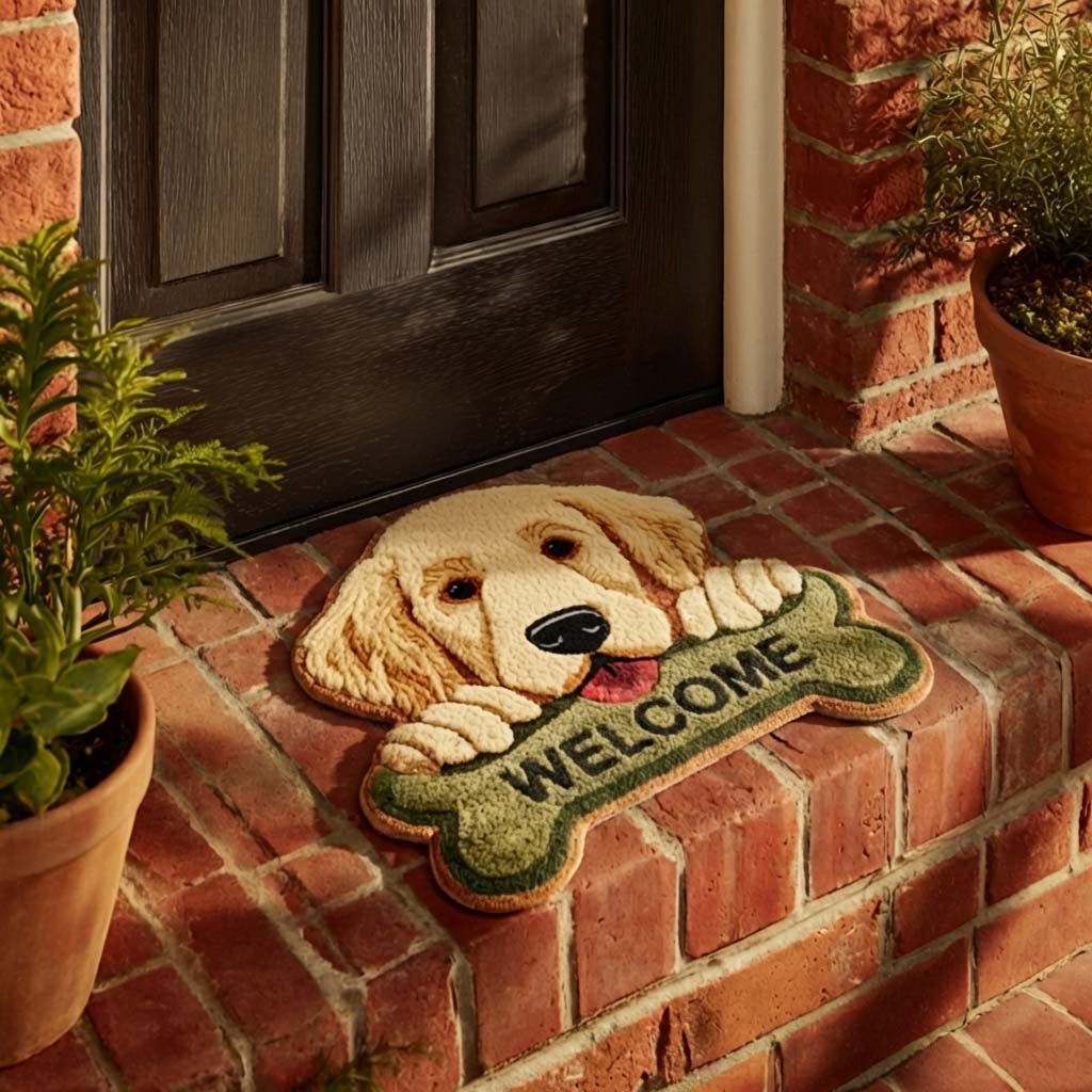 Smiling Golden Retriever Custom Shape Doormat 