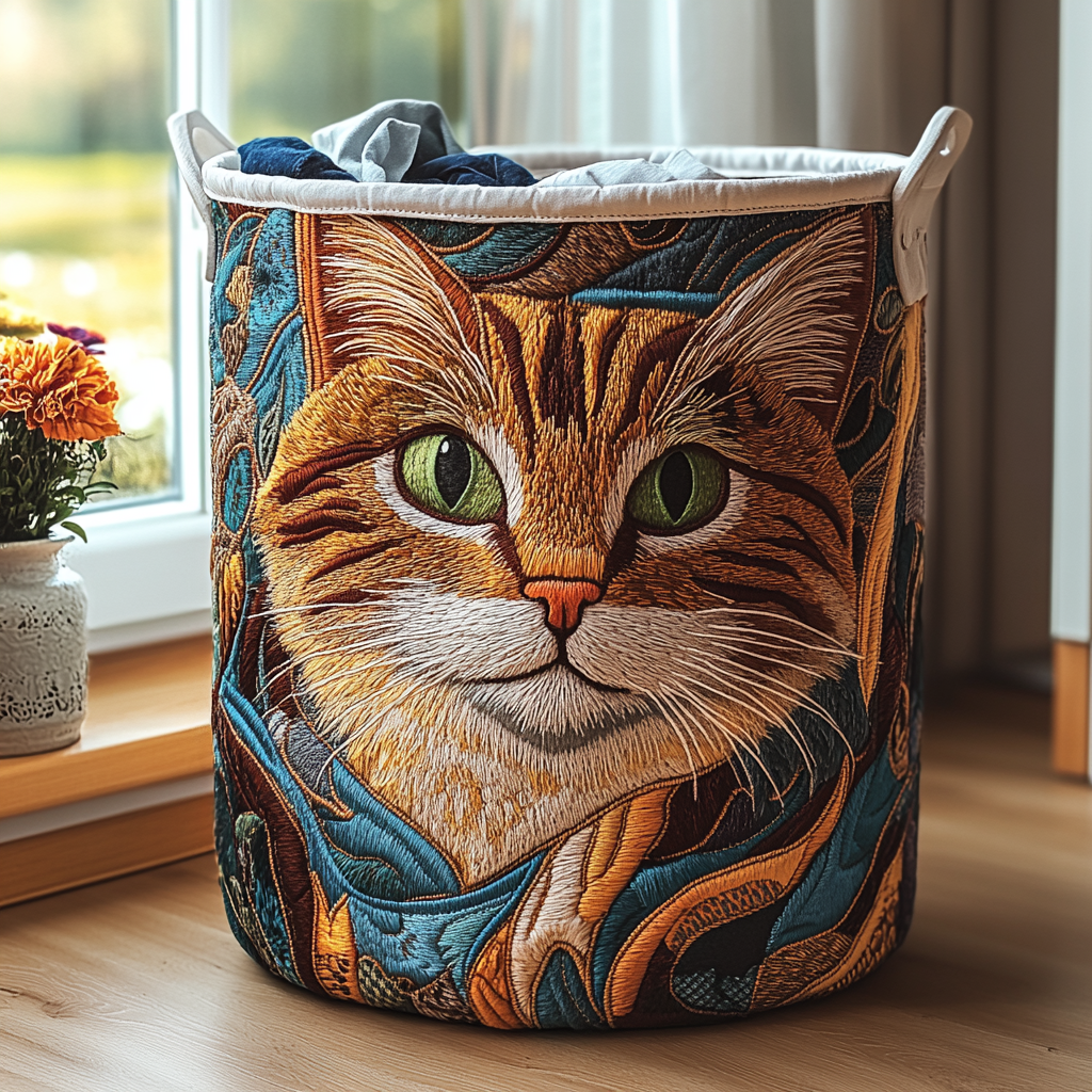 Sunny Cat Quilted Laundry Basket