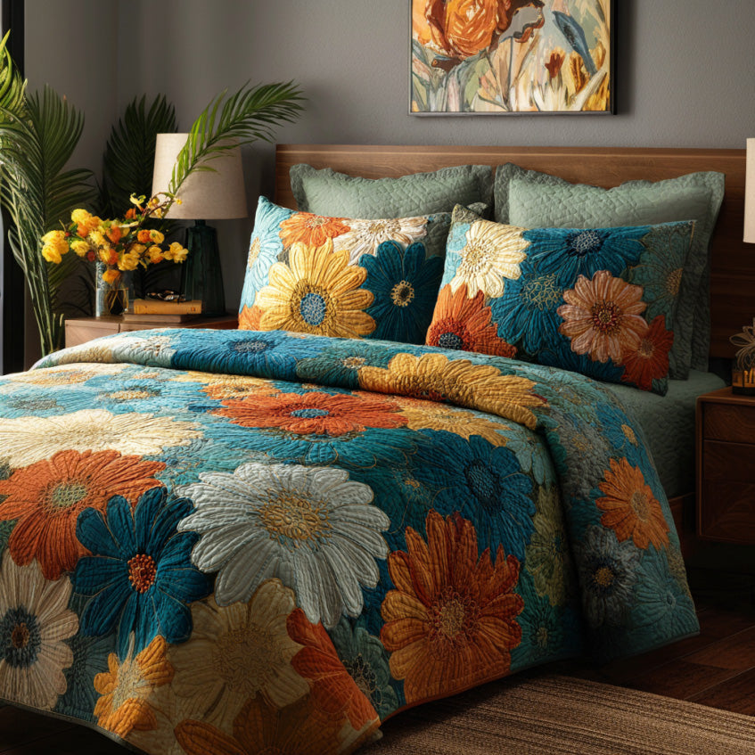 Teal Daisy Mosaic 3-Piece Quilted Bedding Set