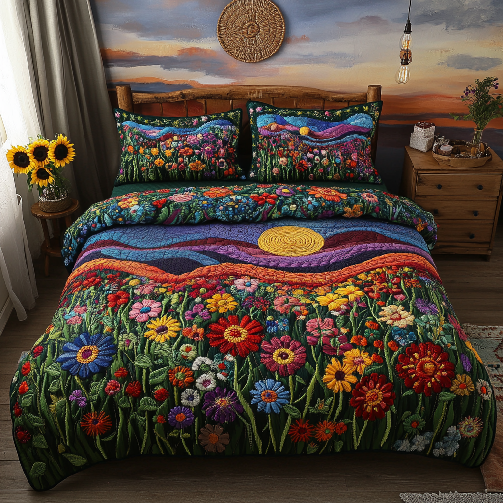 Vibrant Meadows 3-Piece Quilted Bedding Set