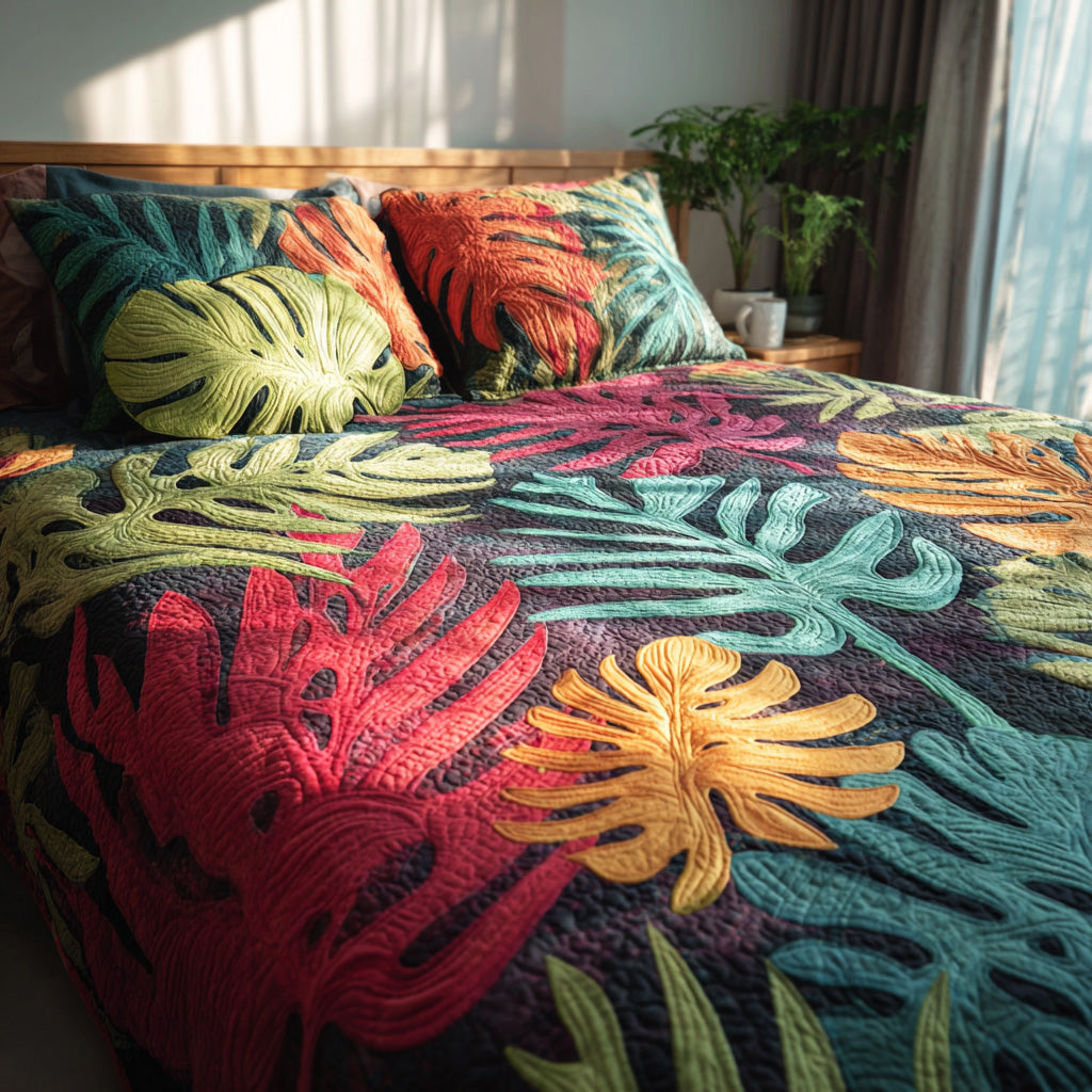 Vibrant Monstera 3-Piece Quilted Bedding Set