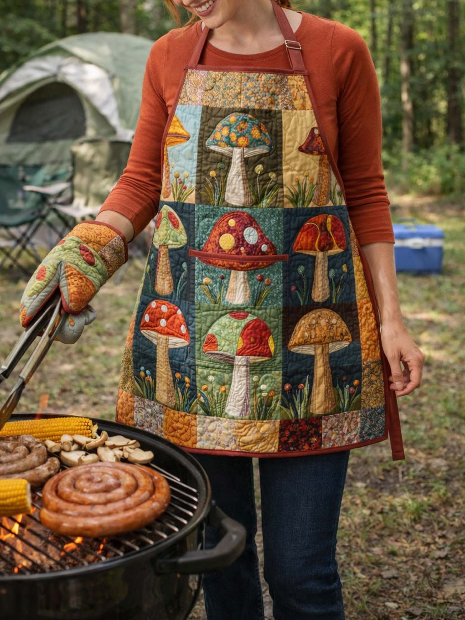 Mushroom Quilted Apron Set (2-Piece) – Padded Apron + Heat-Resistant Oven Mitts