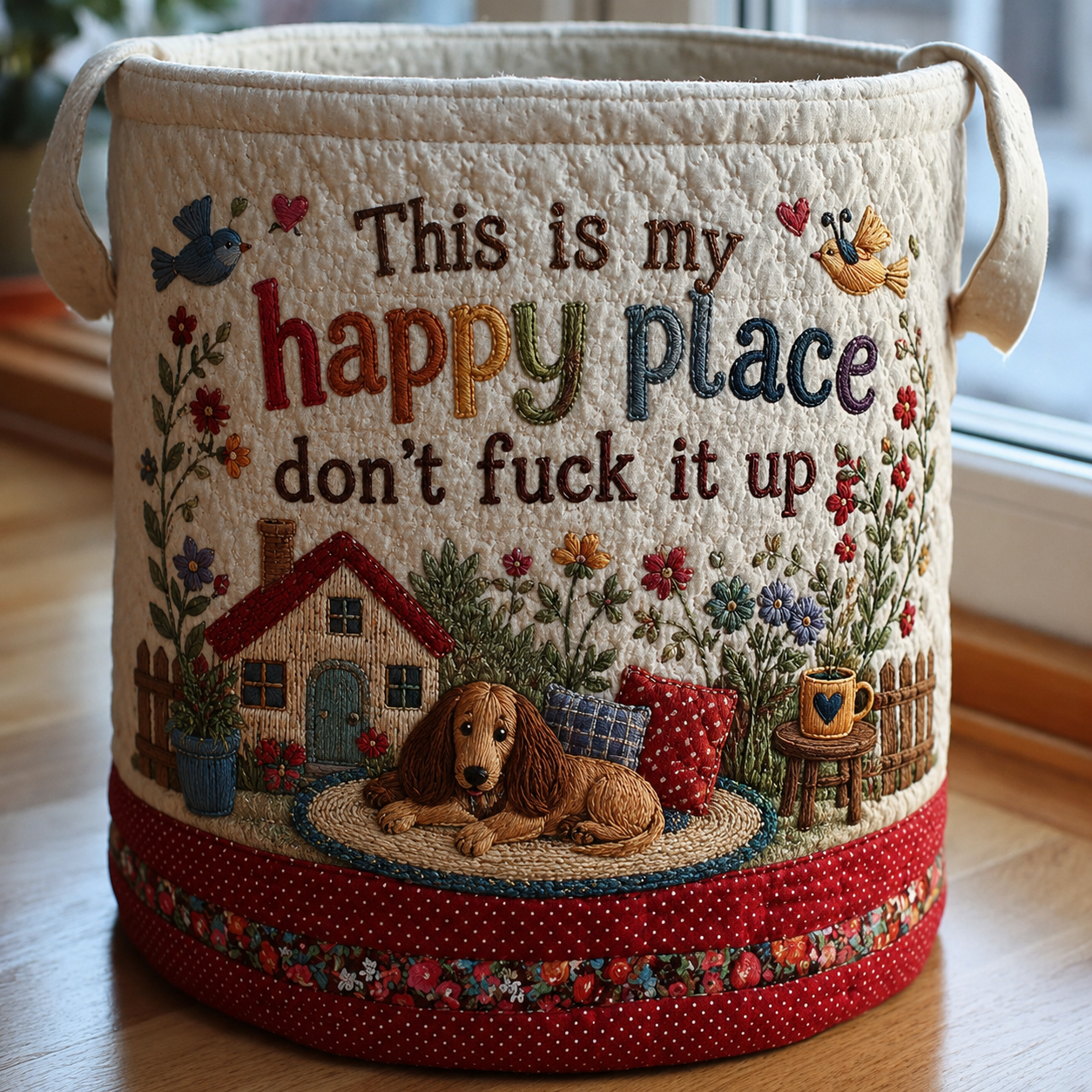 “This Is My Happy Place, Don’t Fuck It Up” Quilted Laundry Basket